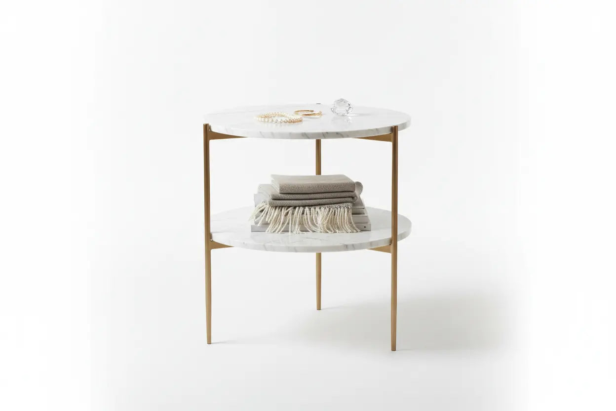 2-Tier White Marble Side Table round Coffee Table Nightstand Jewellery Storage