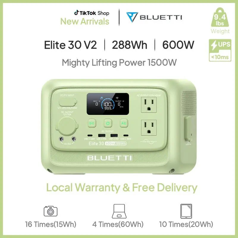 BLUETTI Elite 30 V2 Portable Solar Generator 288Wh Battery 600W AC Output 9 Ports for Camping & Backup Power Station with Smart App & 10Ms UPS