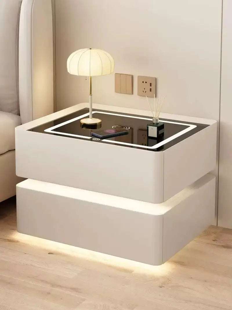 Modern Style Solid Wood Bedside Table with Wireless Charging Smart 2 Drawers Bedroom Nightstands with Lock 40Cm