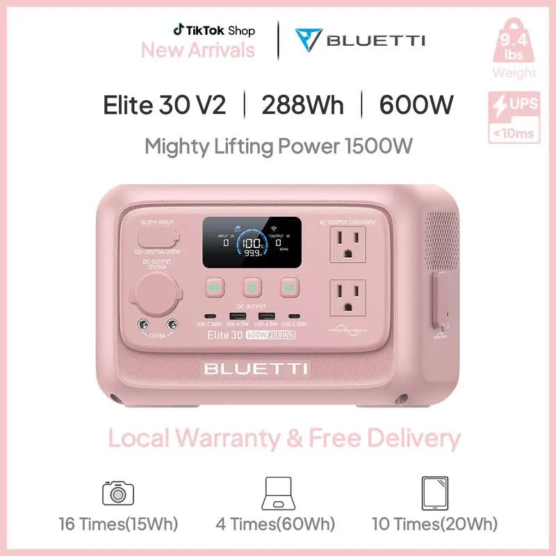BLUETTI Elite 30 V2 Portable Solar Generator 288Wh Battery 600W AC Output 9 Ports for Camping & Backup Power Station with Smart App & 10Ms UPS