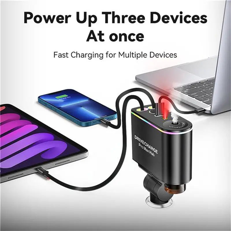 Smart Retractable Car Charger & Air Freshener - 66W Fast Charging with Dual Type-C/Lightning Adapter for All Phones, Starlight Projector Mood Light & Aromatherapy Diffuser,Includes 6 X 10Ml Perfumes,Ideal Car Accessories & Christmas Gift for Men