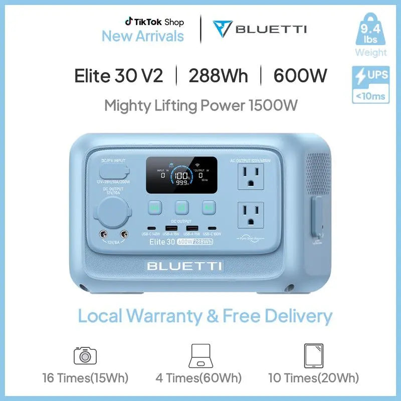 BLUETTI Elite 30 V2 Portable Solar Generator 288Wh Battery 600W AC Output 9 Ports for Camping & Backup Power Station with Smart App & 10Ms UPS