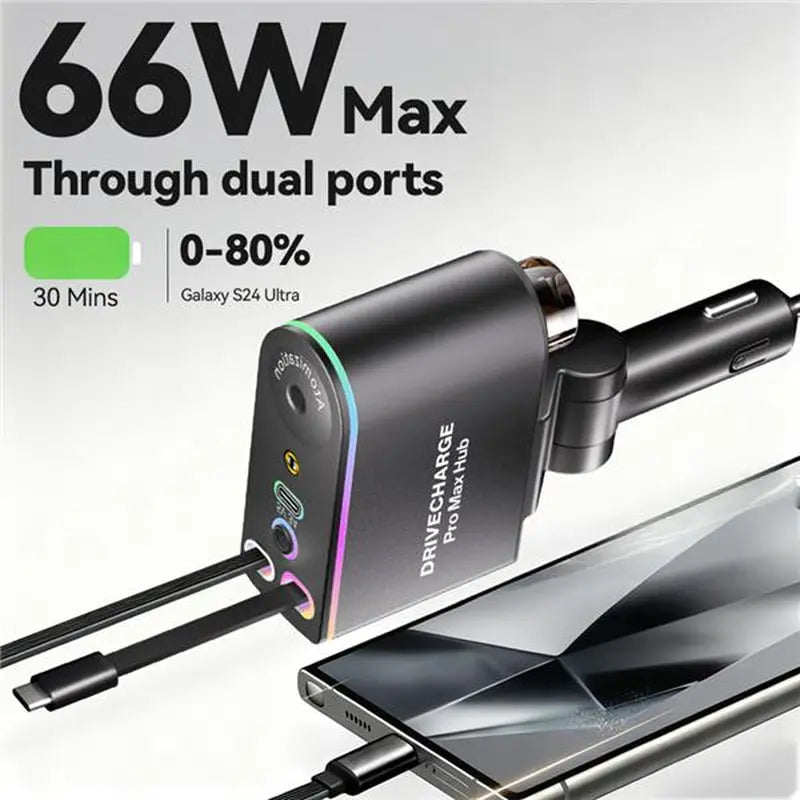 Smart Retractable Car Charger & Air Freshener - 66W Fast Charging with Dual Type-C/Lightning Adapter for All Phones, Starlight Projector Mood Light & Aromatherapy Diffuser,Includes 6 X 10Ml Perfumes,Ideal Car Accessories & Christmas Gift for Men