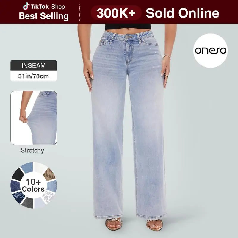 Magic ONESO Mid-Low Rise Baggy Jeans Stretchy Wide Leg for Women Distressed Pants Womenswear Bottom 8001 Lady Basic Minimalist Comfortable Denim Tummy Control Curve Hugging plus Size Regular Size BBL