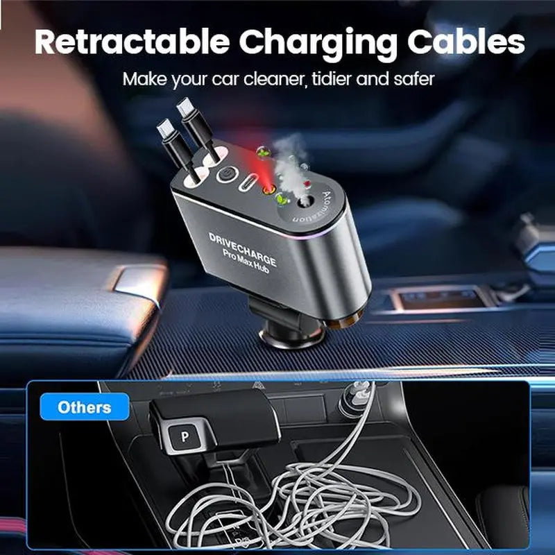 Smart Retractable Car Charger & Air Freshener - 66W Fast Charging with Dual Type-C/Lightning Adapter for All Phones, Starlight Projector Mood Light & Aromatherapy Diffuser,Includes 6 X 10Ml Perfumes,Ideal Car Accessories & Christmas Gift for Men