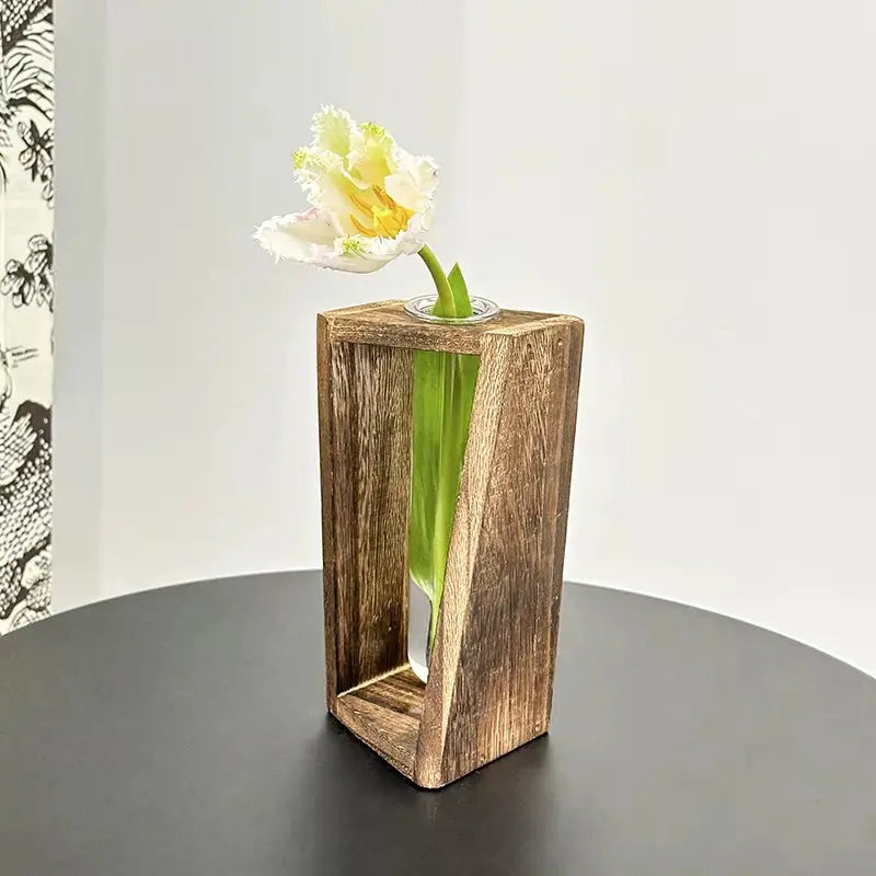 Creative Wooden Hydroponic Vase Plant Vase Retro Vase Transparent Vase Desktop Plant Home Decoration