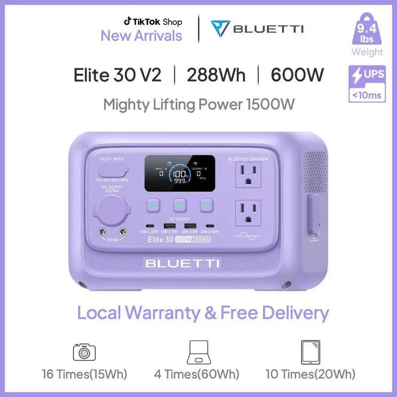BLUETTI Elite 30 V2 Portable Solar Generator 288Wh Battery 600W AC Output 9 Ports for Camping & Backup Power Station with Smart App & 10Ms UPS