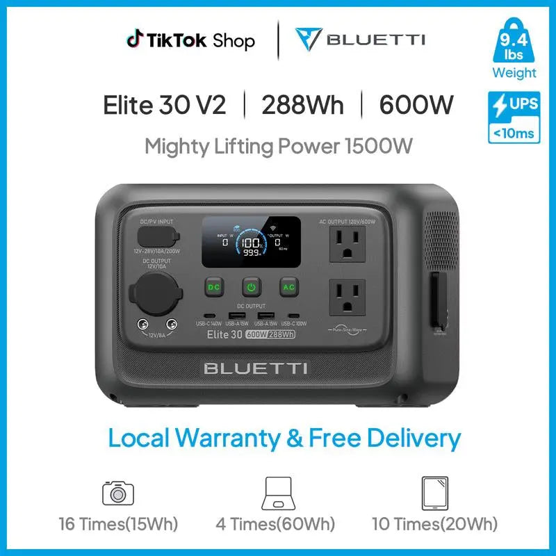 BLUETTI Elite 30 V2 Portable Solar Generator 288Wh Battery 600W AC Output 9 Ports for Camping & Backup Power Station with Smart App & 10Ms UPS