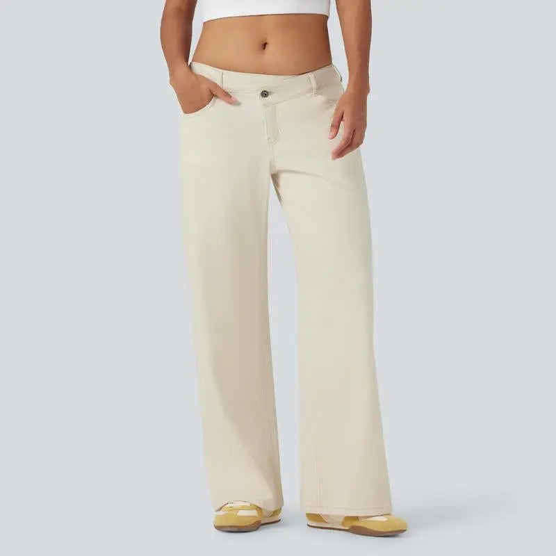 Halara Flex Asymmetric Low Rise Zipper Pockets Baggy Wide Leg Washed Casual Jeans