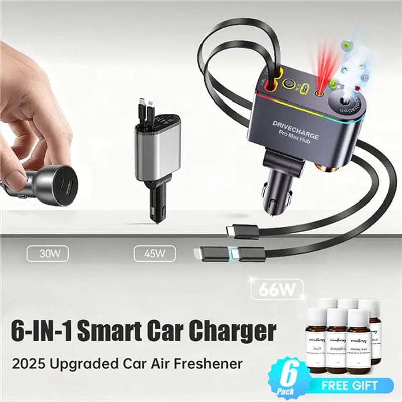 Smart Retractable Car Charger & Air Freshener - 66W Fast Charging with Dual Type-C/Lightning Adapter for All Phones, Starlight Projector Mood Light & Aromatherapy Diffuser,Includes 6 X 10Ml Perfumes,Ideal Car Accessories & Christmas Gift for Men