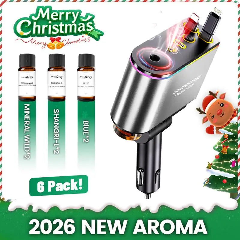Smart Retractable Car Charger & Air Freshener - 66W Fast Charging with Dual Type-C/Lightning Adapter for All Phones, Starlight Projector Mood Light & Aromatherapy Diffuser,Includes 6 X 10Ml Perfumes,Ideal Car Accessories & Christmas Gift for Men