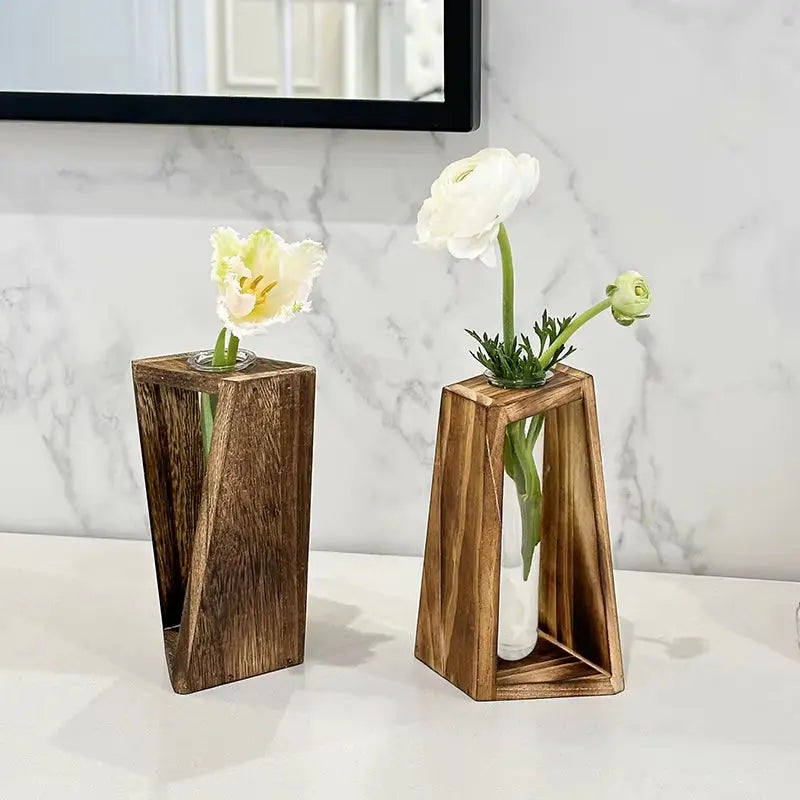 Creative Wooden Hydroponic Vase Plant Vase Retro Vase Transparent Vase Desktop Plant Home Decoration